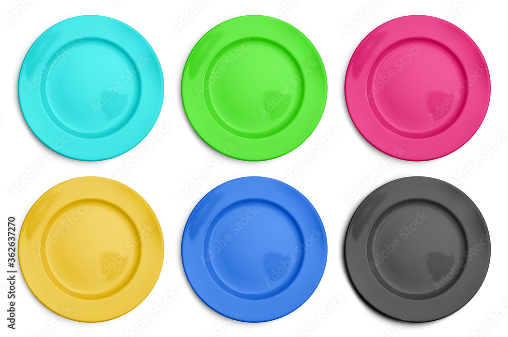 Colorful collection of round plates, isolated on white background Colorful collection of round plates, isolated on white background