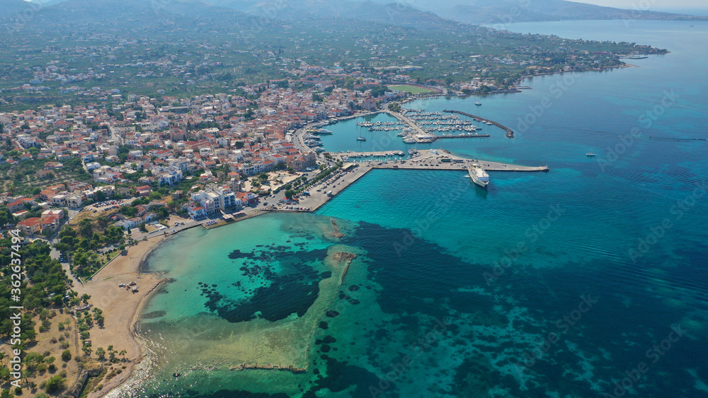 Aerial drone panoramic photo of picturesque port and main town of Aigina island, Saronic gulf, Greece