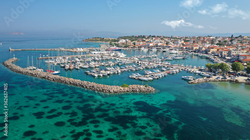 Aerial drone panoramic photo of picturesque port and main town of Aigina island, Saronic gulf, Greece photo
