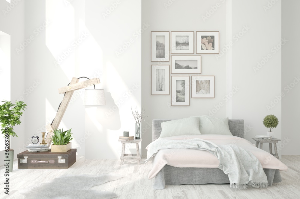 Obraz premium White bedroom interior. Scandinavian design. 3D illustration