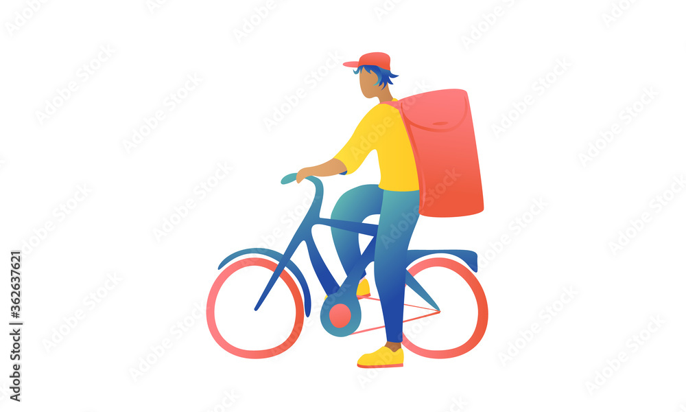 A young handsome guy in a cap is standing with a bicycle at the traffic light with home delivery. Courier en route to your home. Fast delivery on a white background.