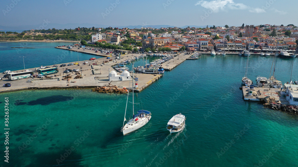 Aerial drone panoramic photo of picturesque port and main town of Aigina island, Saronic gulf, Greece