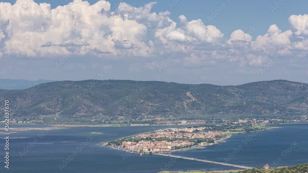 Beautiful aerial view of Orbetello and the Lagoon from the convent of the Passionist Fathers with time lapse motion, Grosseto, Italy Beautiful aerial view of Orbetello and the Lagoon from the convent of the Passionist Fathers with time lapse motion, Grosseto, Italy