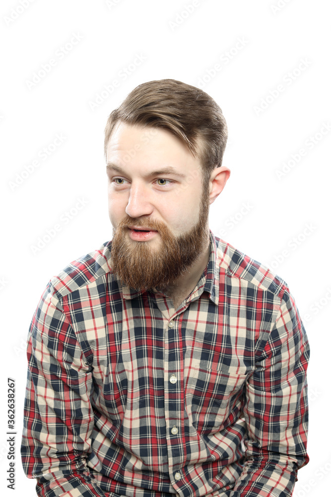 Hipster bearded man in red shirt isolated on white background Hipster bearded man in red shirt isolated on white background