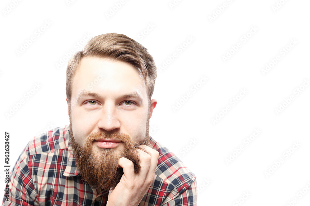 Hipster bearded man in red shirt isolated on white background