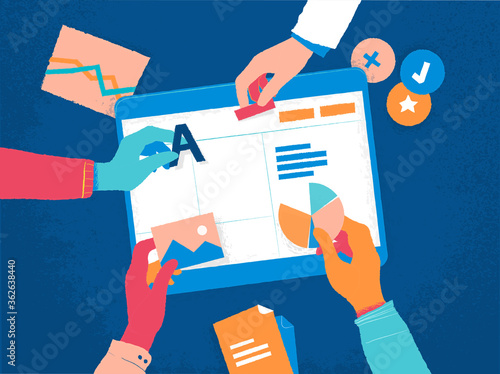 Una squadra di persone creative sviluppa il layout di an app per tablet. Concetto per user experience.