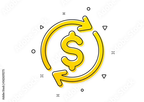 Money Transfer sign. Currency exchange icon. Dollar in rotation arrow symbol. Yellow circles pattern. Classic usd exchange icon. Geometric elements. Vector