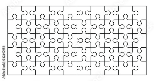 Set of fifty puzzle pieces. Puzzle with different types of details and the ability to move each part. Black and white vector illustration