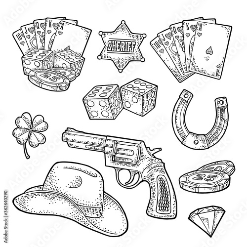 Set with Wild West and casino symbols. Vector vintage engraving black illustration