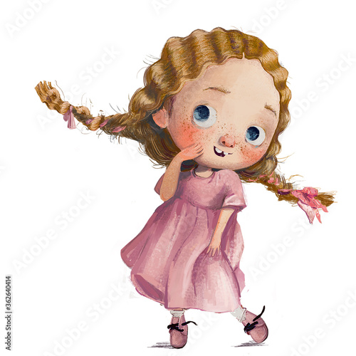 cute little watercolor girl in pink dress