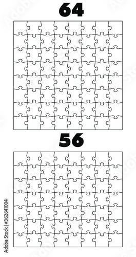 Set of sixty four and fifty six puzzle pieces. Puzzle with different types of details and the ability to move each part. Black and white vector illustration.