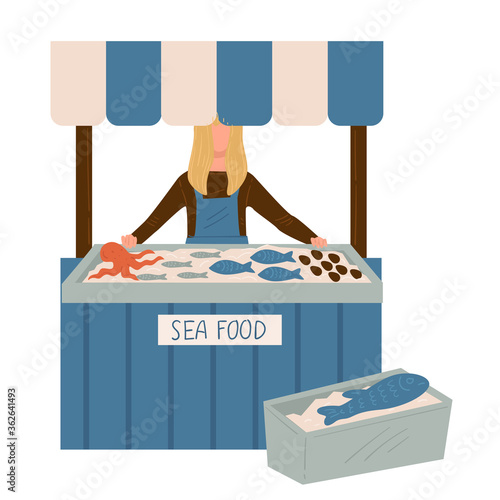 Sea food market, seller with production on stall