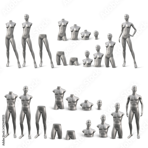 Silver plastic models of mannequins for clothes of male and female figures. Set from different parts of the body. Vector 3d realistic illustration isolated on white background.