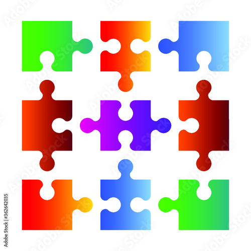 Separate pieces of colorful puzzle. Set of nine puzzle pieces. Stock vector illustration.
