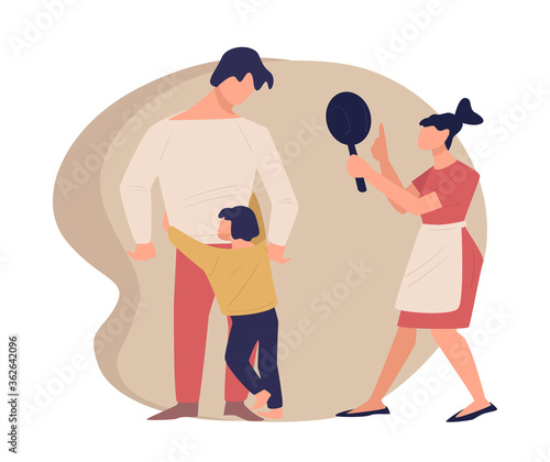 Parents quarreling before child, crying kid hugging dad