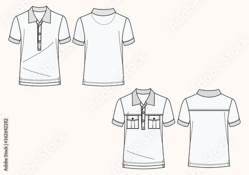 Polo maniche corte con tasche set disegno piatto sketch fashion illustration fronte e retro mock up vettoriale