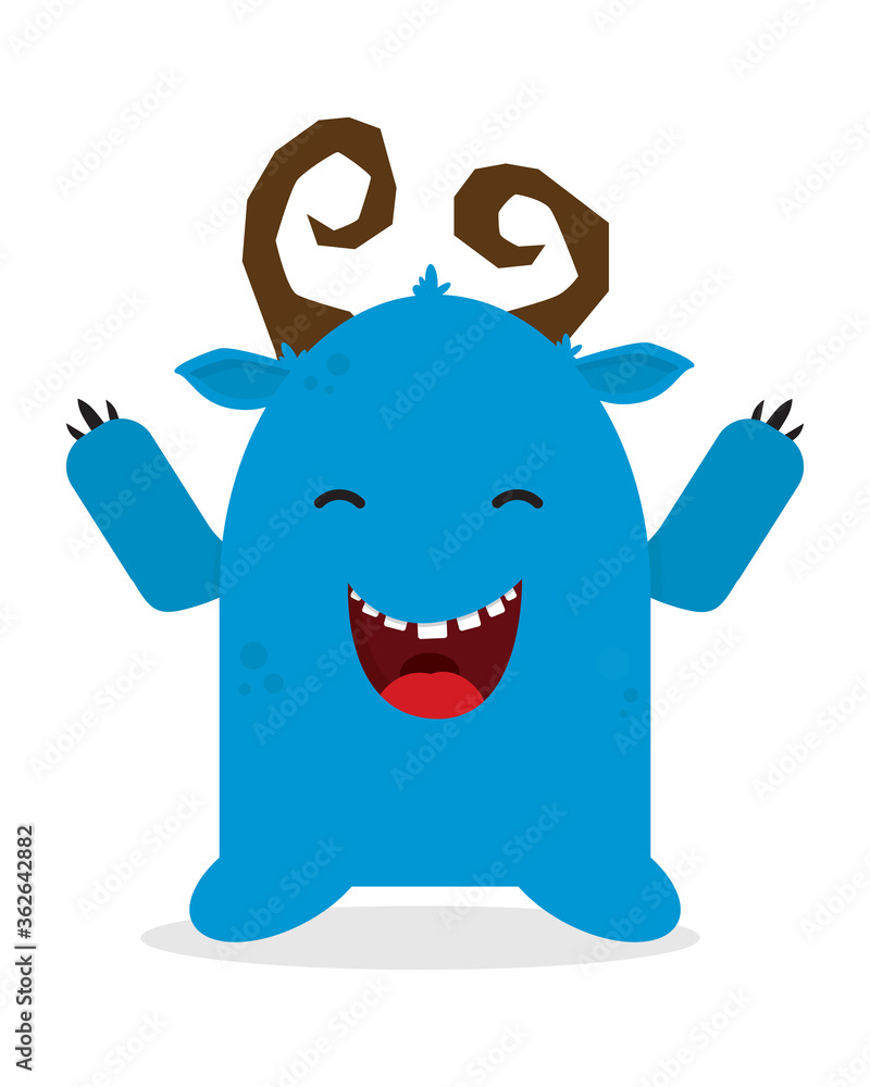 Fototapeta premium Cute blue horned monster. Vector illustration, flat design.