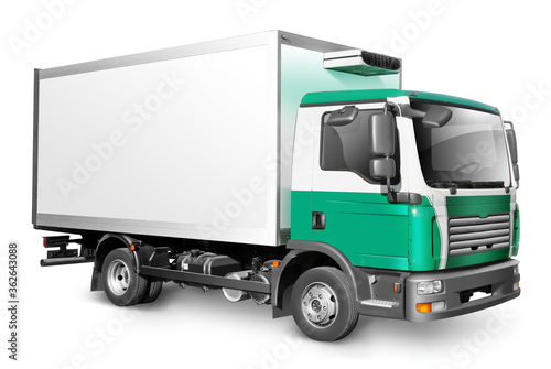 Van on a white background. Delivery Truck Isolated. wagon with green cab. White commercial truck with shadow.