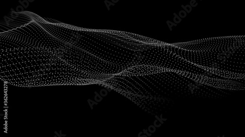Abstract gradient dynamic wave of particles. Network of bright points or dots. Big data. Digital background. Vector