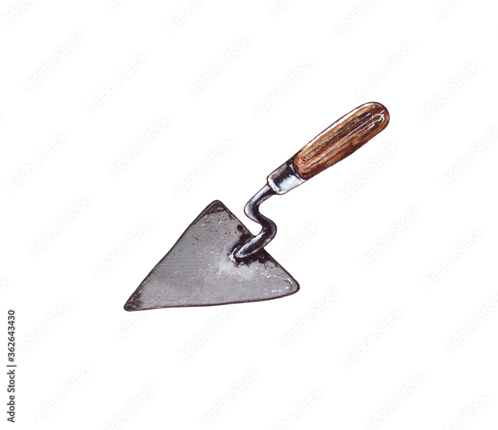 Watercolor illustration.Trowel tool for working with mortar on a construction site. Isolated on a white background