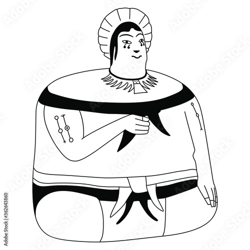 Seated fat man. Ethnic Native American art of ancient Peruvian Nasca or Nazca Indians. Black and white silhouette. Isolated vector illustration. 
