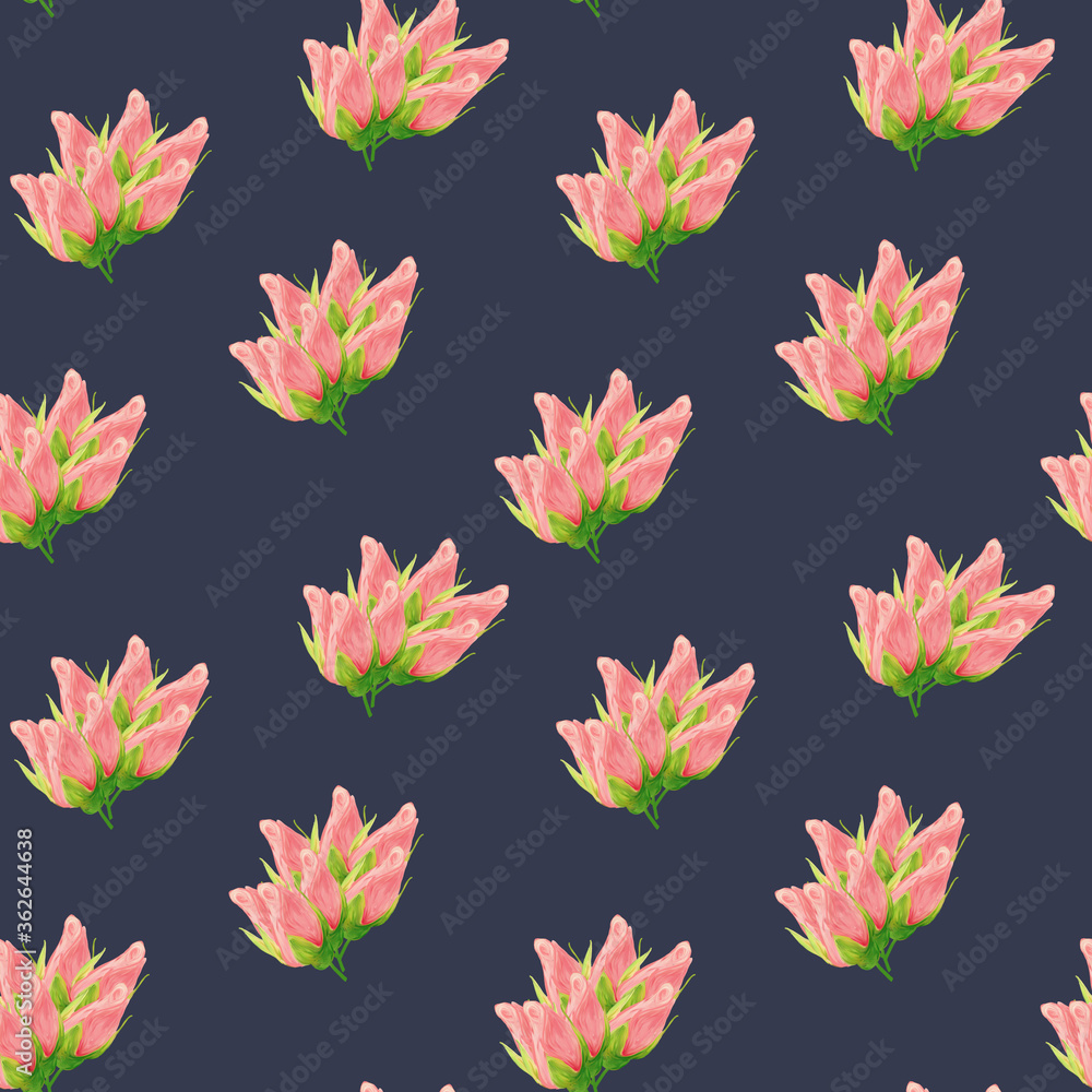 Floral seamless pattern made of roses. Acrilic painting with pink flower buds on dark blue background. Botanical illustration for fabric and textile, packaging, wallpaper