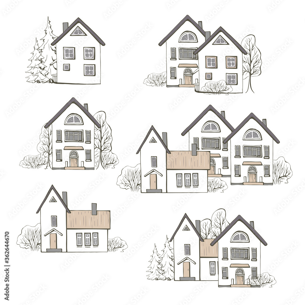 Set sepia scandinavia houses and house group in beautiful style with graphic trees. Hand drawn light brown style element isolated on white background.