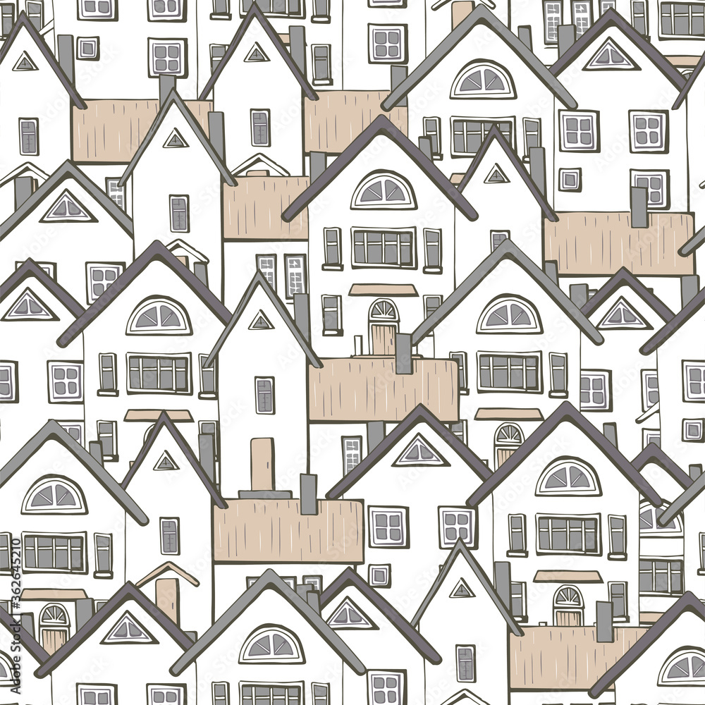 Stylish sepia monochrome seamless pattern with hand drawn houses one after another. Light brown endless texture with norway cityscape in scandinavia style for concept design.