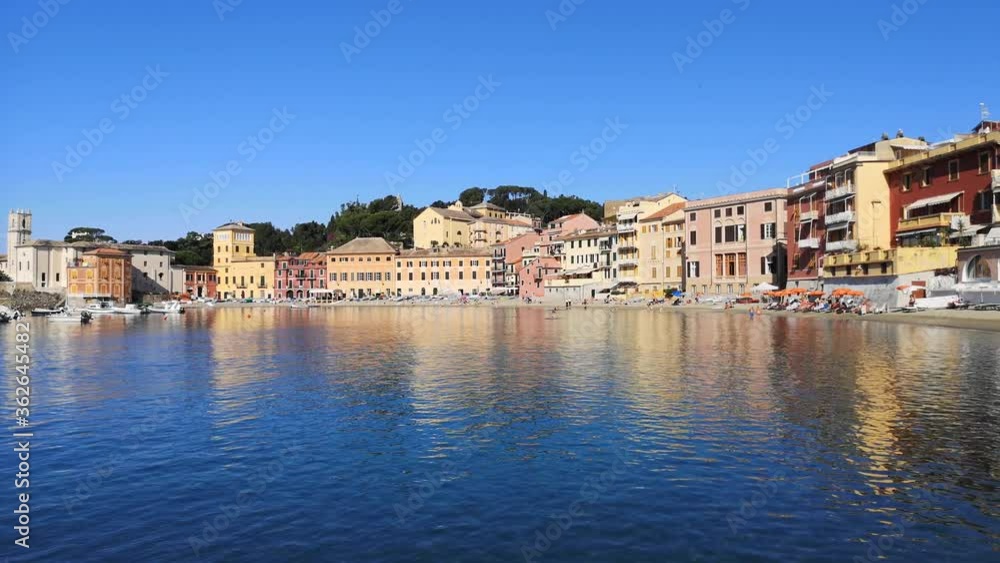Aerial panoramic view of the beach of the Silence in Sestri Levante with many colored facade Aerial panoramic view of the beach of the Silence in Sestri Levante with many colored facade