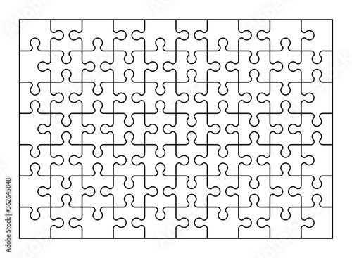 Set of seventy puzzle pieces. Puzzle with different types of details and the ability to move each part. Black and white vector illustration