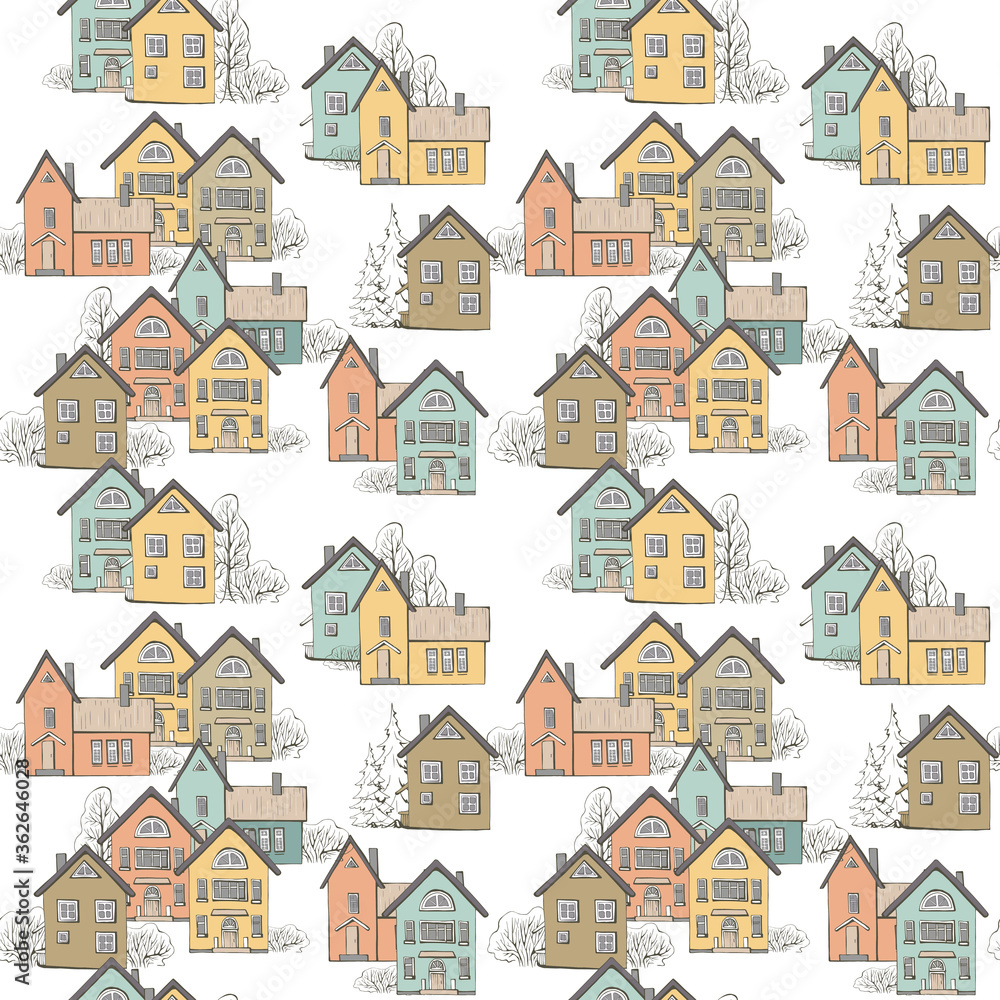 Seamless pattern with colored houses and tree on white background. Pastel gamma. Endless texture with norway cityscape in northern scandinavia style for concept design.