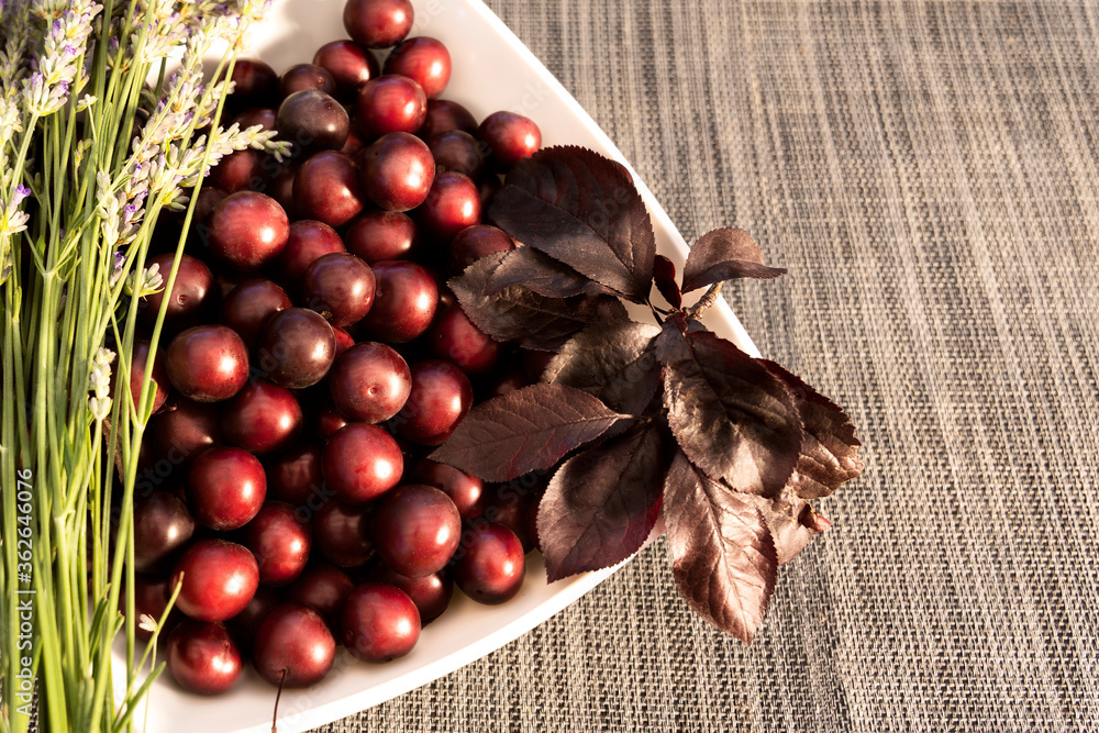 Autumn harvest cherry fruit and lavender