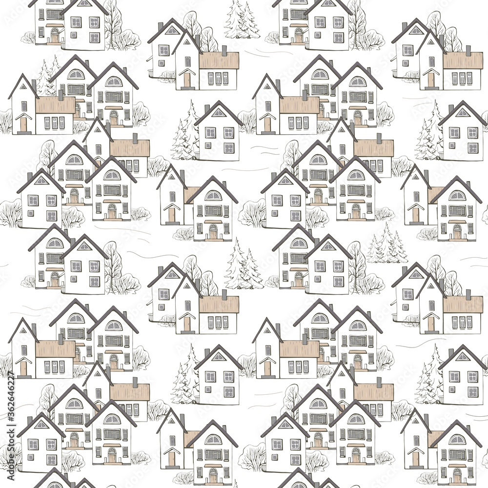 Stylish monochrome seamless pattern with hand drawn houses and spruce tree on white background. Black and white endless texture with norway cityscape in scandinavia style for concept design.