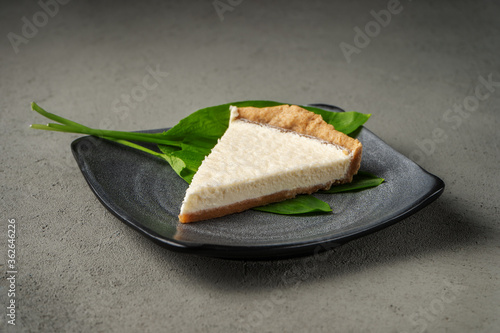 Vegetarian cheesecake on a gray plate with green leaves