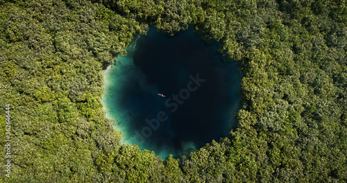 Aerial view of a cenote hidden in the jungle