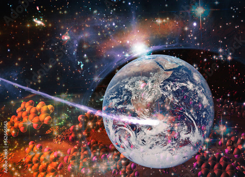 Obraz na plátně Particles of DNA strands flying through space to Earth