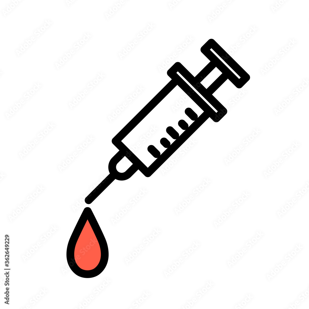 Syringe with a blood drop, minimal black and white outline icon. Flat vector illustration. Isolated on white background.