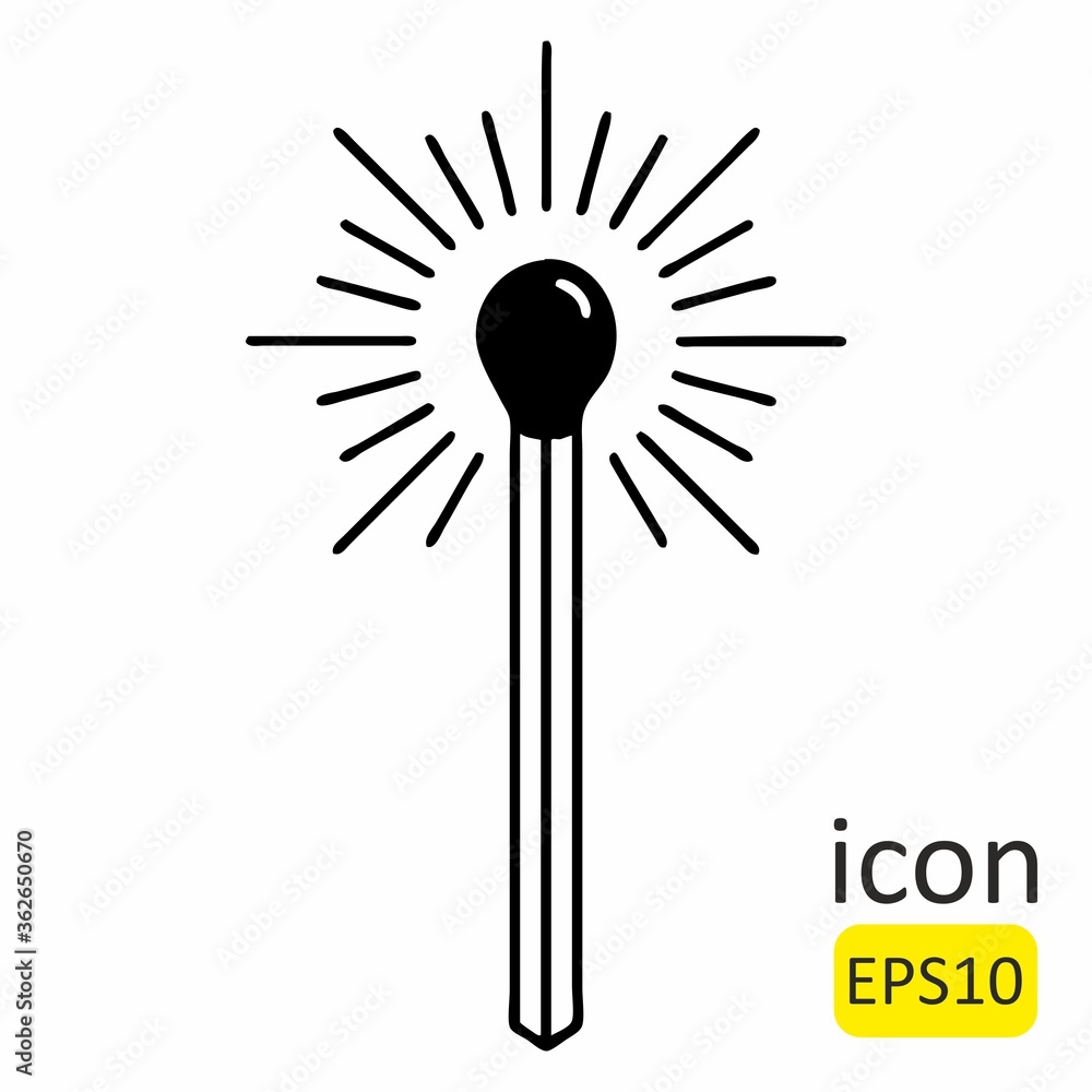 Burning match with fire. Match icon, flash of ideas, decisions. Vector Icon. Simple vector illustration for graphic and web design. Burning match with fire. Match icon, flash of ideas, decisions. Vector Icon. Simple vector illustration for graphic and web design.