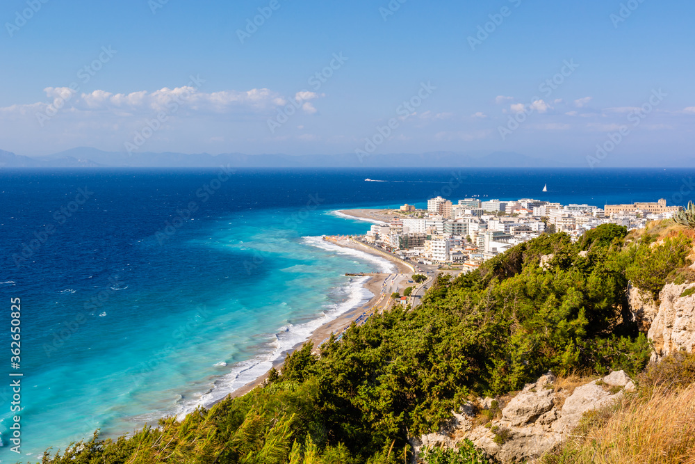 Rhodes town and azure sea water. Rhodes island, Greece