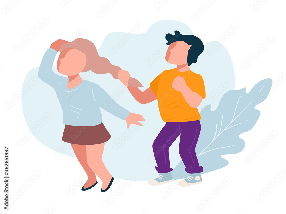 Boy pulling girls hair, little bully at school Boy pulling girls hair, little bully at school