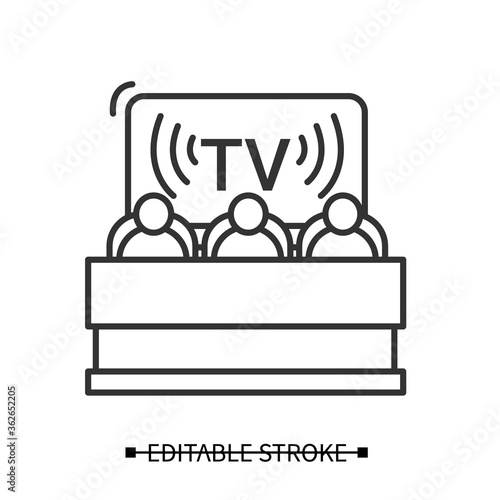 Political news icon. Politicians on tv broadcast screen background linear pictogram. Media influence on politics and official government propaganda concept. Editable stroke vector illustration
