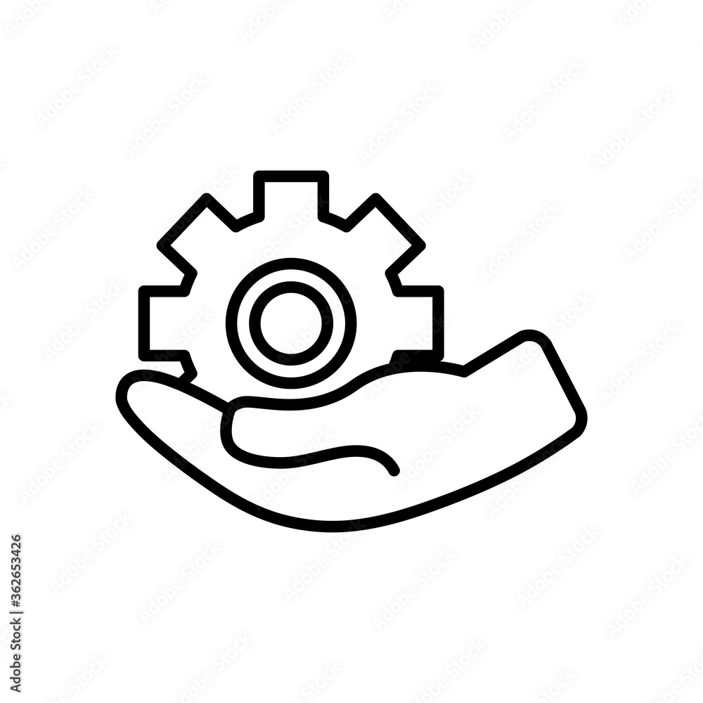hand holding a gear wheel icon, line style hand holding a gear wheel icon, line style