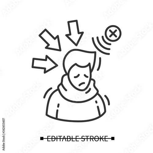 Negative influence icon. Simple linear pictogram of person depressed and upset with negative media influence and bad press attack. Information overload concept. Editable stroke vector illustration