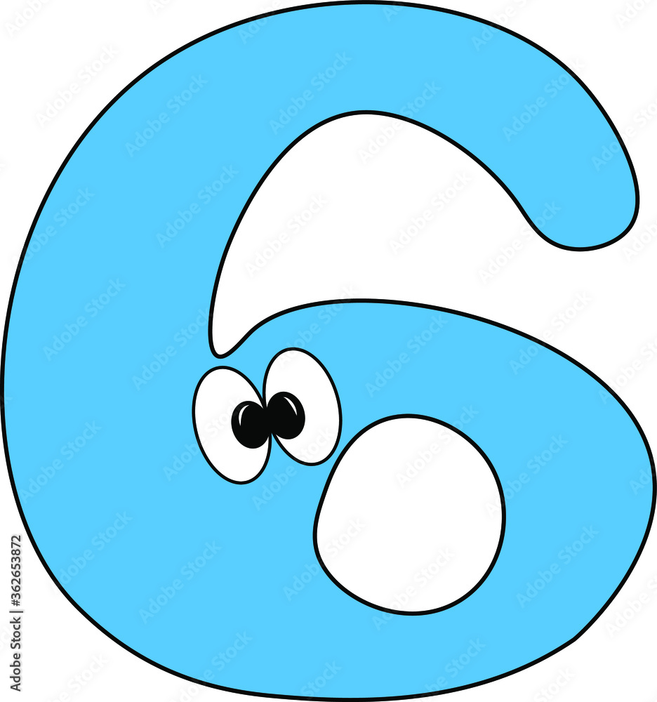 Funny children's colorful bright Alphabet. Arabic numerals. Figure 6. Funny round surprised eyes. Friendly image. Curiosity. A humorous kind image