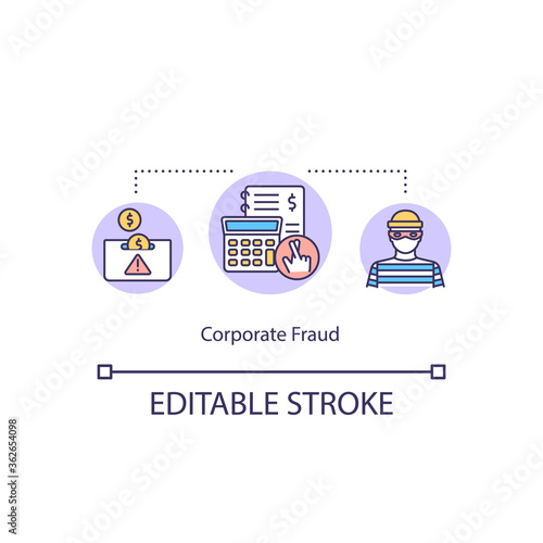 Corporate fraud concept icon. Fraudulent organization. Common corporate crime. Financial law violation idea thin line illustration. Vector isolated outline RGB color drawing. Editable stroke
