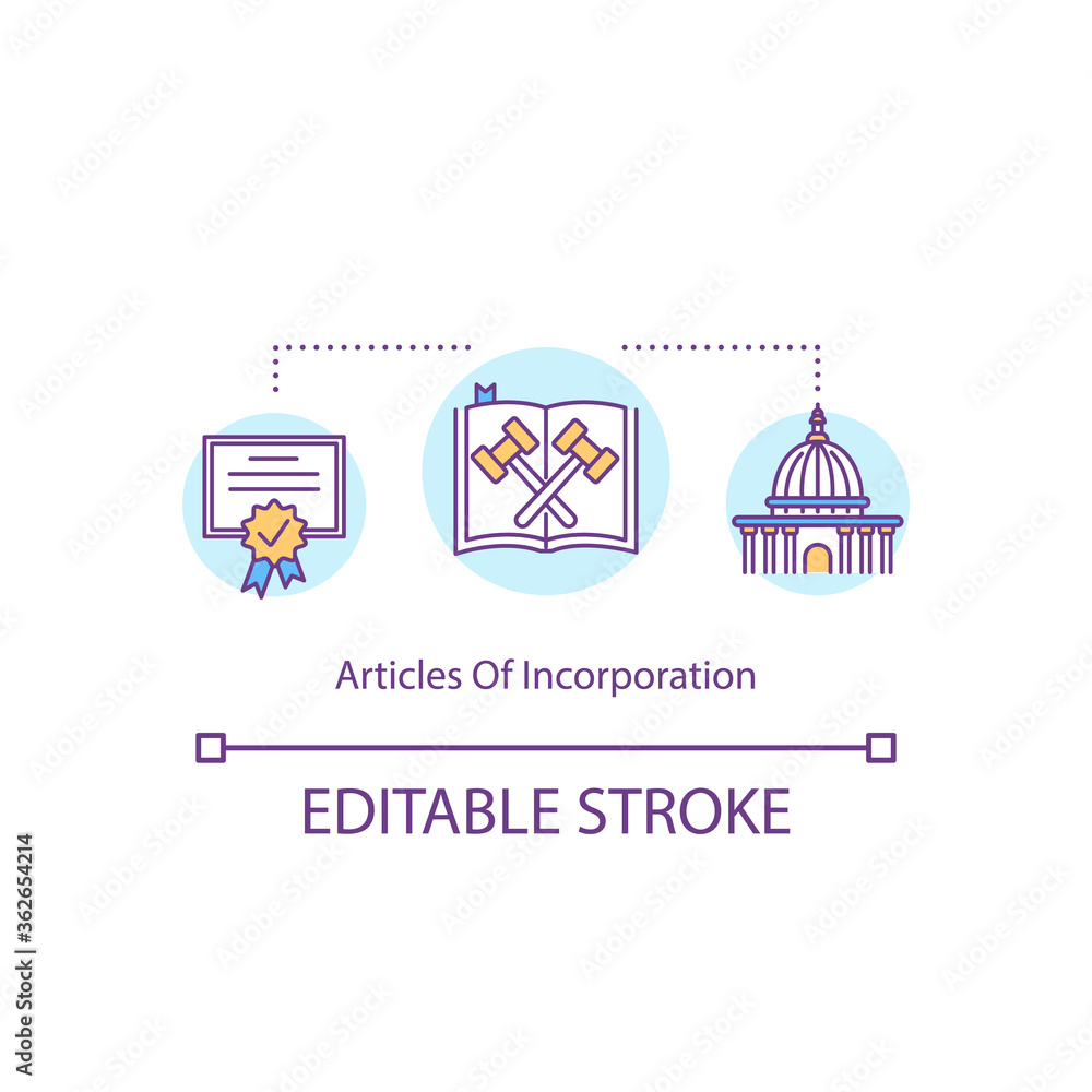 Articles of incorporation concept icon. Company registration certificate. Paper process. Corporate charter idea thin line illustration. Vector isolated outline RGB color drawing. Editable stroke