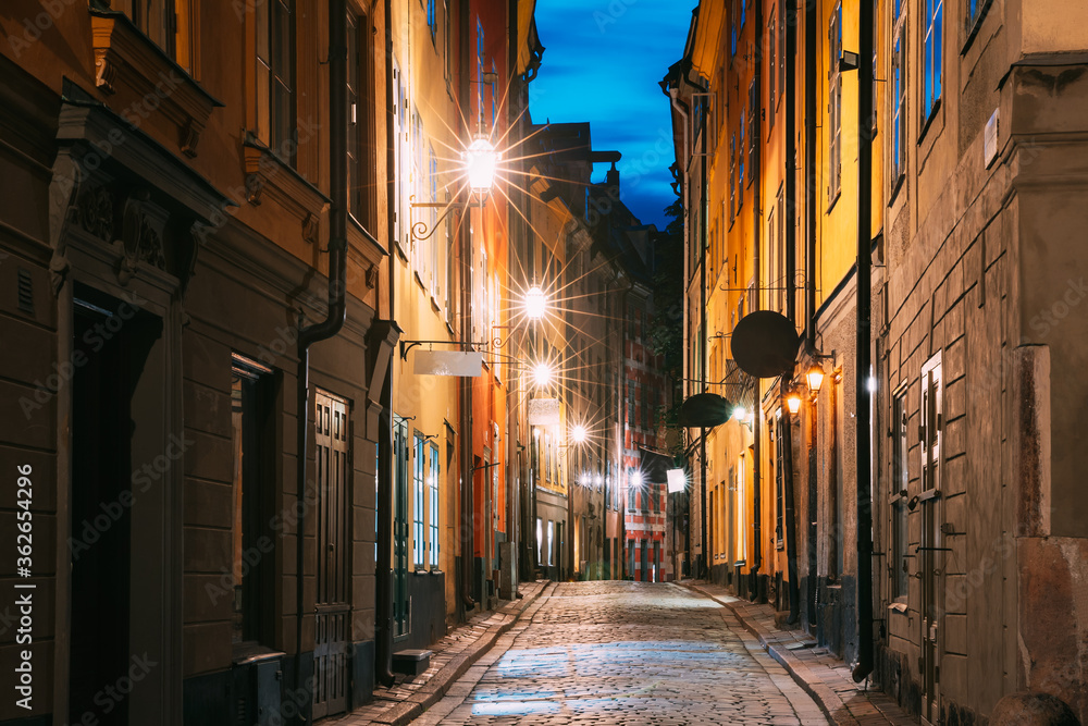 Stockholm, Sweden. Night View Of Traditional Stockholm Street. Residential Area, Cozy Street In Downtown. Baggensgatan Street In Historical District Gamla Stan