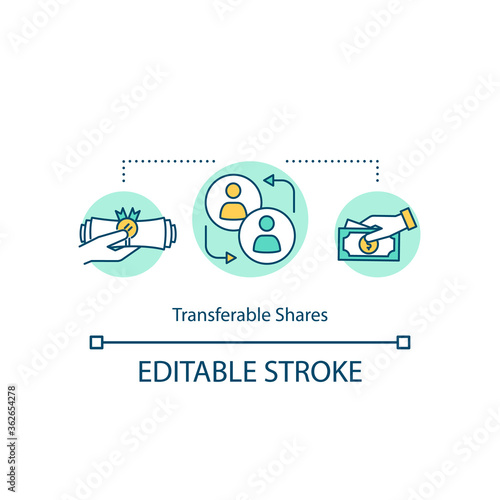 Transferable shares concept icon. Investing money in business. Shares exchanging. Company shareholders idea thin line illustration. Vector isolated outline RGB color drawing. Editable stroke
