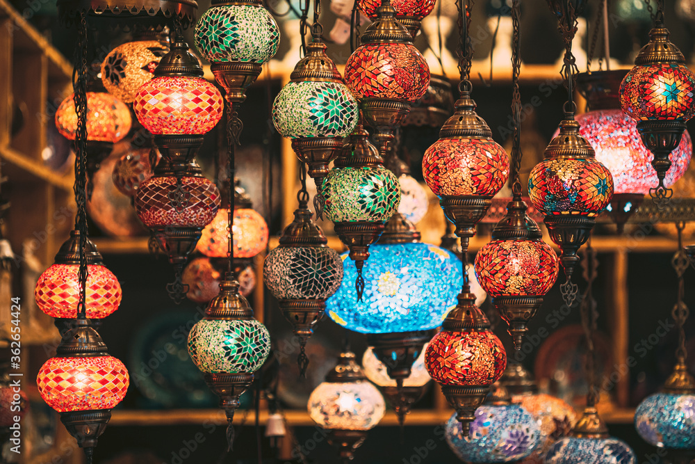 Turkey. Market With Many Traditional Colorful Handmade Turkish Lamps And Lanterns. Lanterns Hanging In Shop For Sale. Popular Souvenirs From Turkey