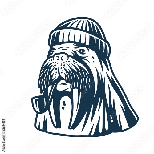 Walrus in a sailor cap with smoking pipe